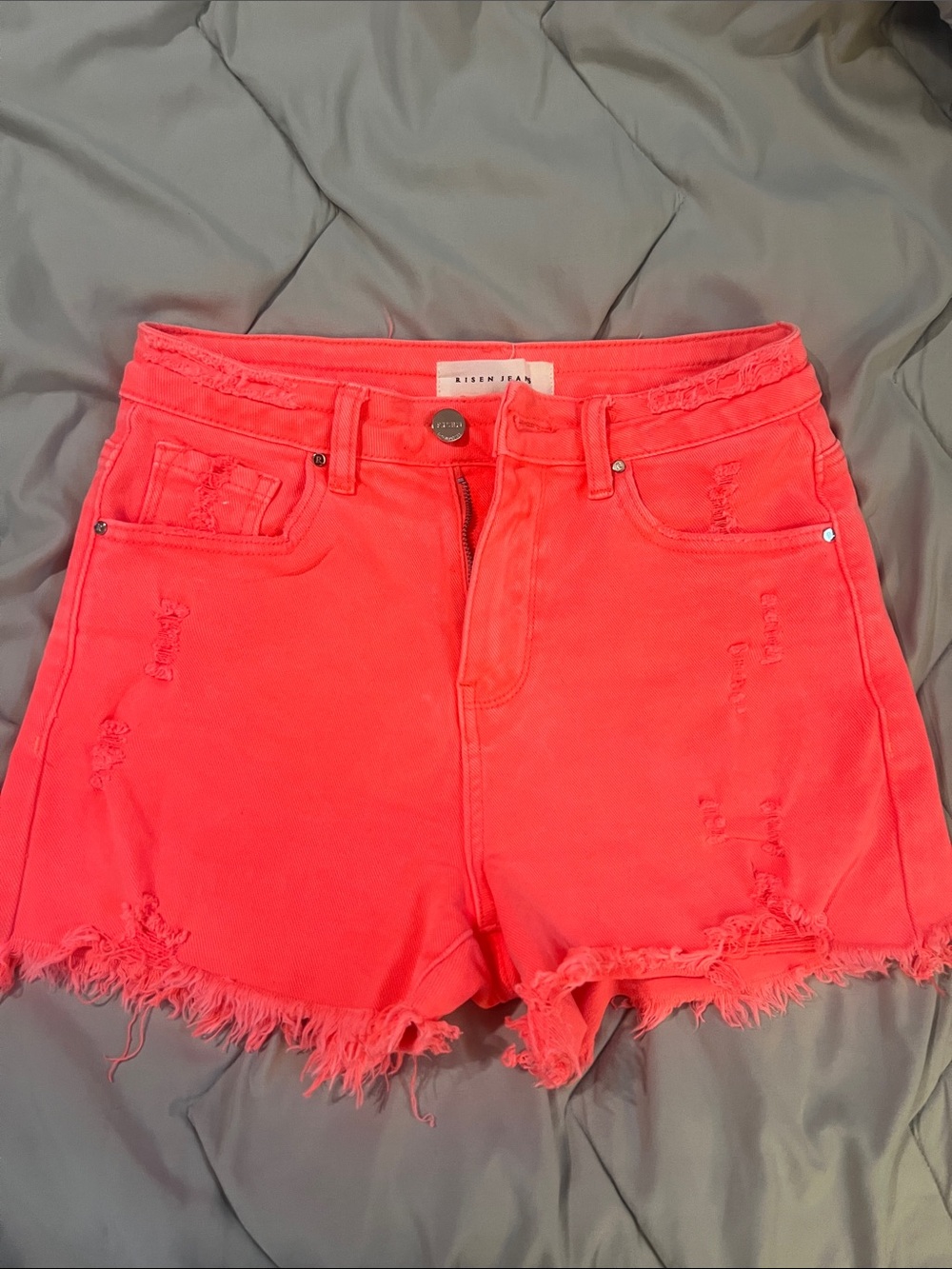 Women's risen Neon Coral Distressed Denim Shorts